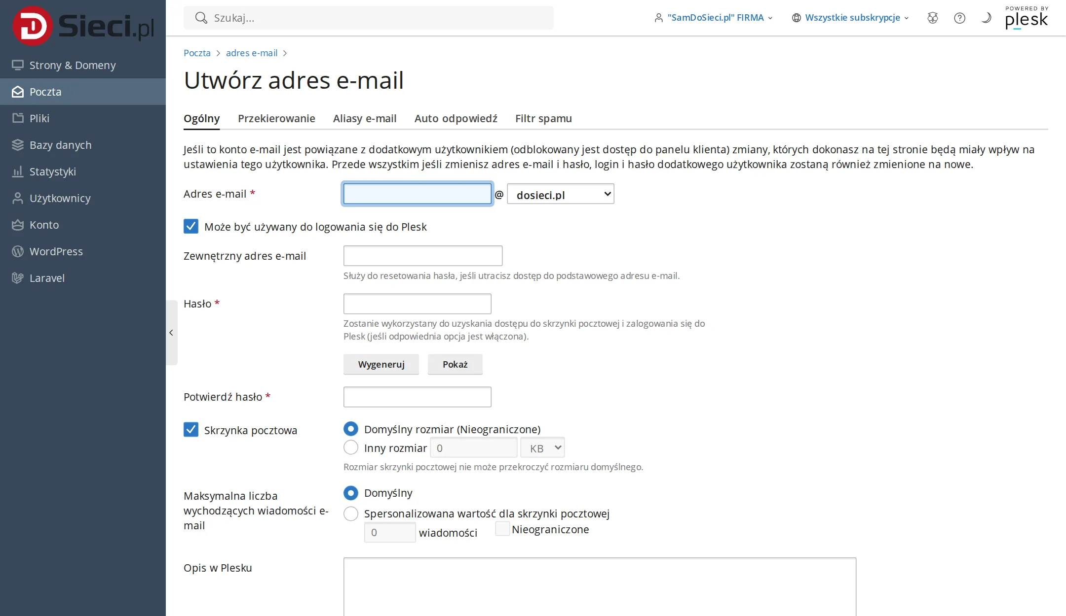 Форма «Створити адресу e-mail» в панелі Plesk із полями: адреса e-mail, пароль, поштова скринька