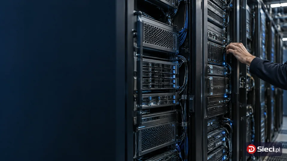 Server racks and a technician working on equipment