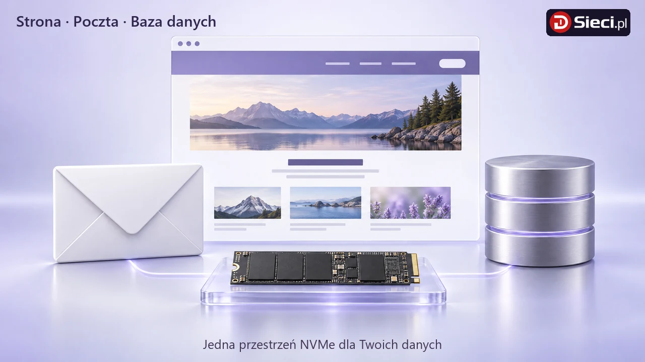 Ilustracja strony internetowej, poczty i bazy danych korzystających z przestrzeni NVMe