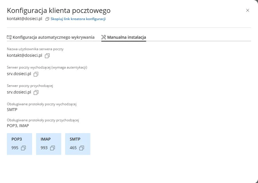 Parametry klienta pocztowego w Plesku: srv.dosieci.pl, IMAP 993 i SMTP 465