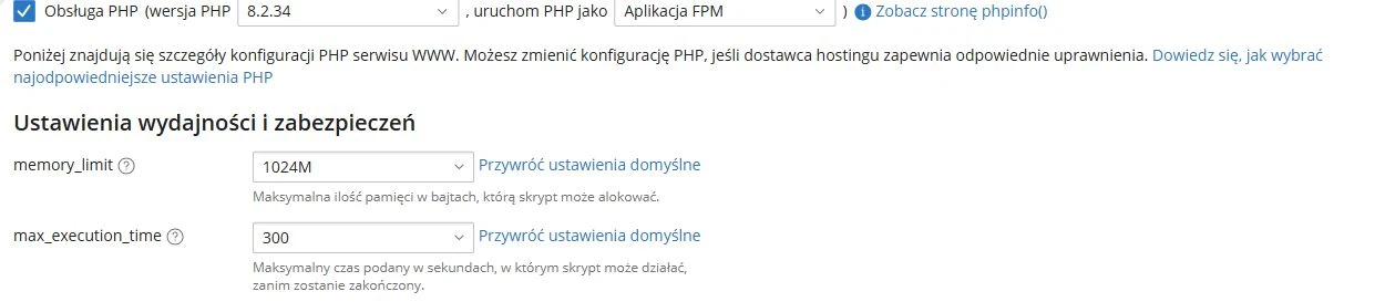 Ustawienia PHP w Plesku z polem memory_limit i wartością przykładowej domeny
