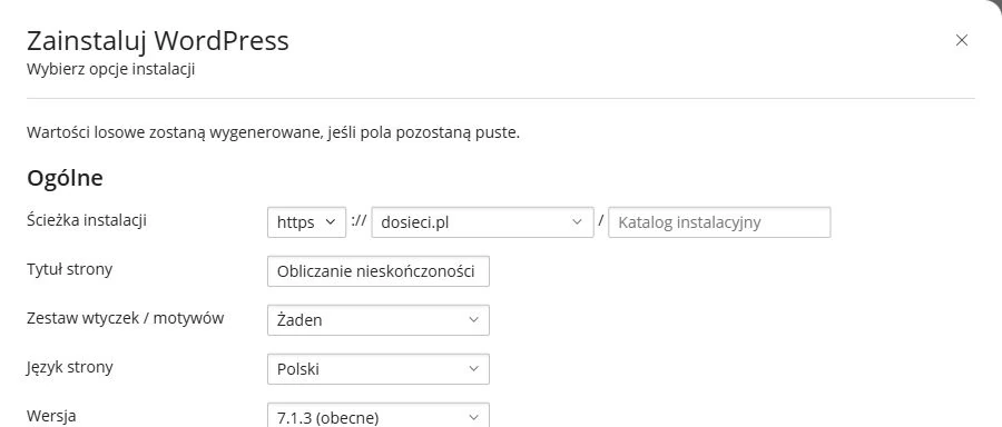 Rzeczywisty formularz instalacji WordPress w WP Toolkit