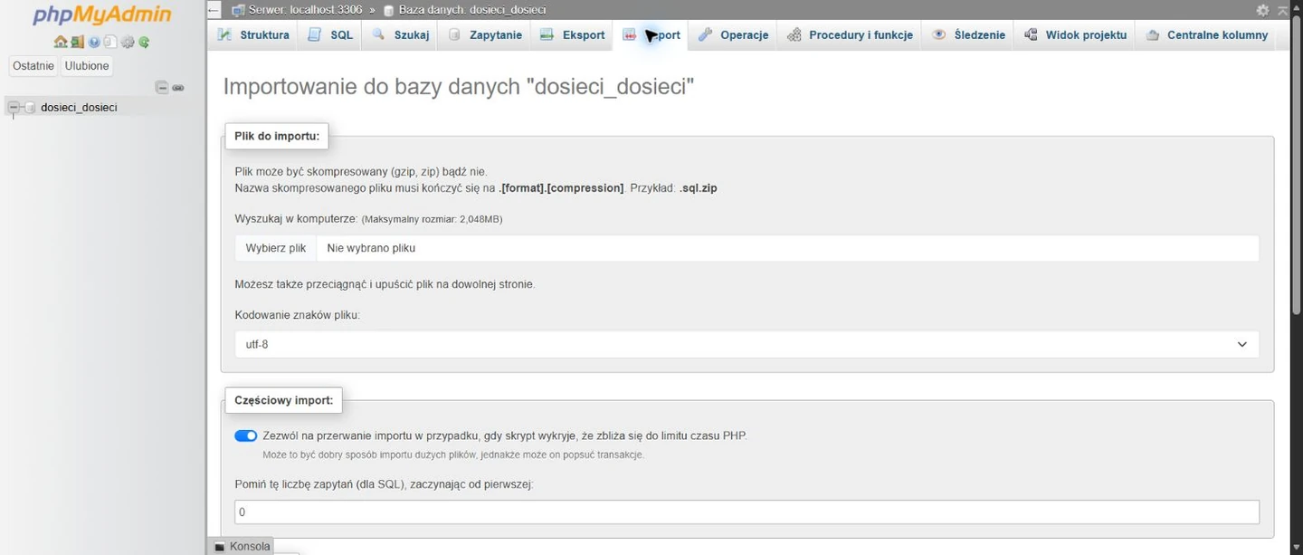 phpMyAdmin: wybrana baza, aktywna zakładka Import i pole Wybierz plik