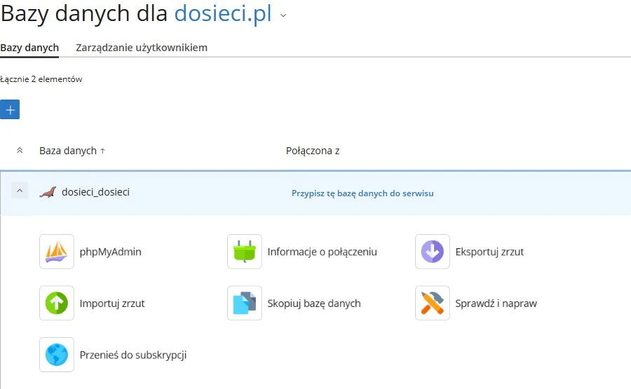 Plesk: zakładka Bazy danych, rozwinięty wiersz i widoczny odnośnik phpMyAdmin