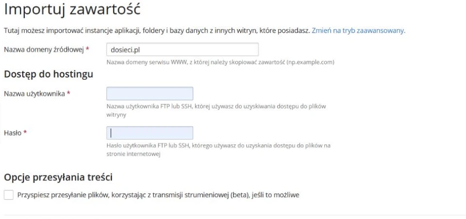 Plesk Site Import: Importuj zawartość, domena źródłowa i dostęp FTP lub SSH