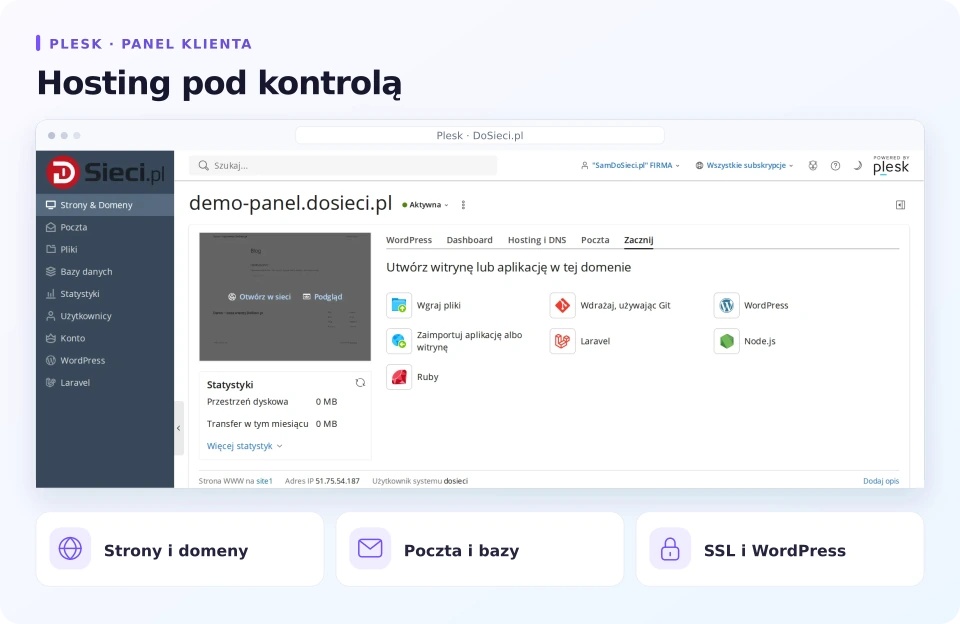 Panel Plesk DoSieci.pl — strony, domeny, poczta, bazy danych i SSL